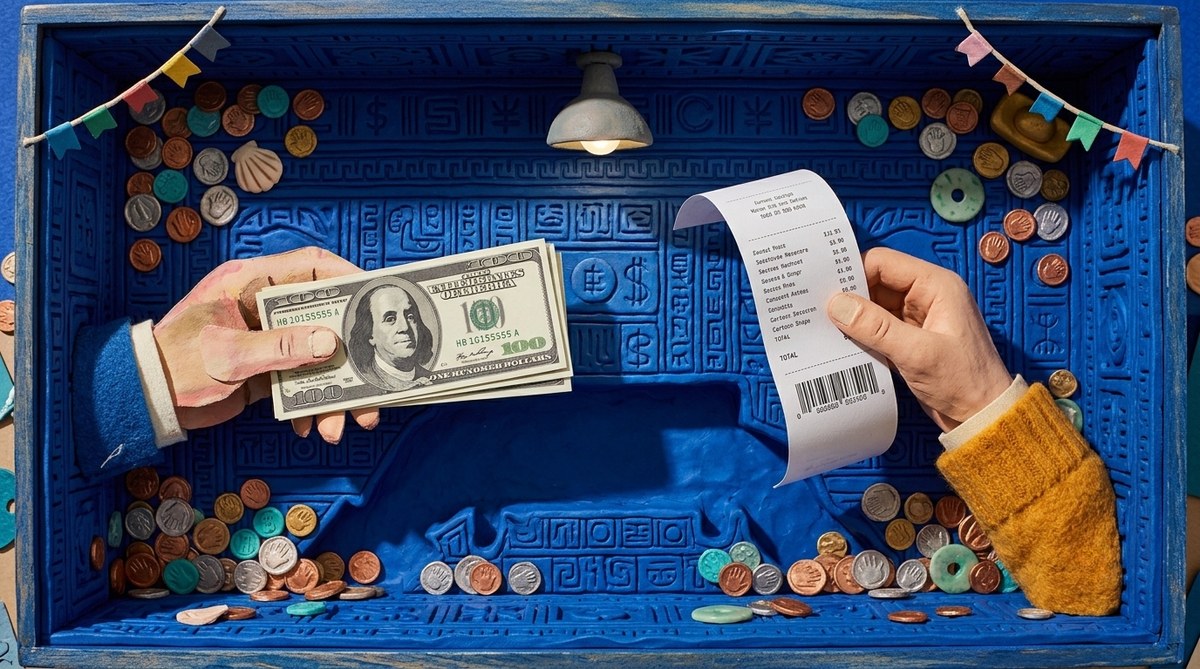 A hand exchanging cash for a long receipt, staged inside an illustrated blue diorama box